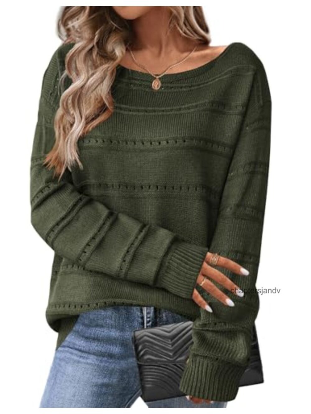 Zeagoo Crochet Knit Sweater Boat Neck Long Sleeve Loose Fit Pullover